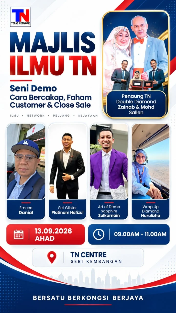 Poster Majlis Ilmu TN Seni Demo dengan penaung dan pengisi program, 13 September 2026 di Seri Kembangan.