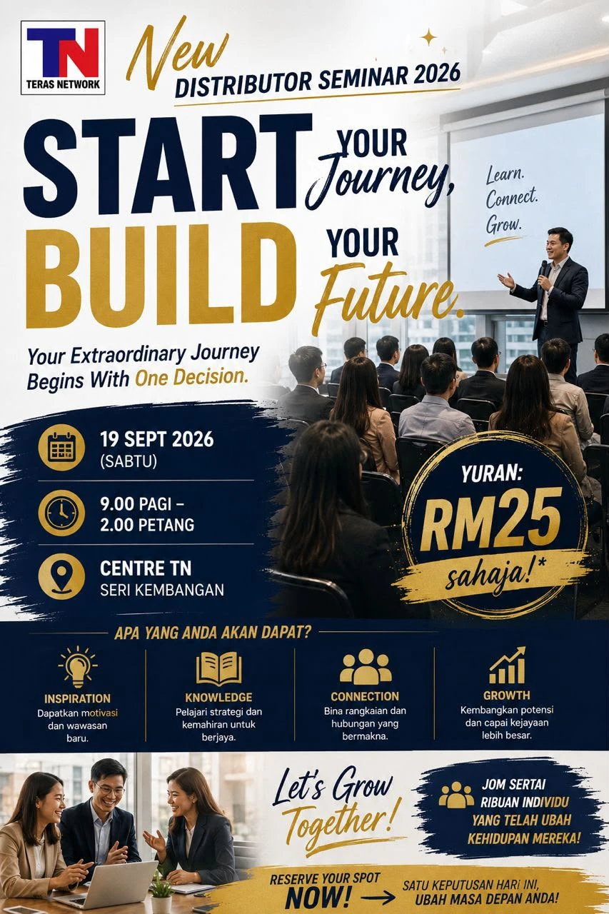 Poster New Distributor Seminar 2026 bertema biru dan emas, 19 September 2026 di Centre TN Seri Kembangan.