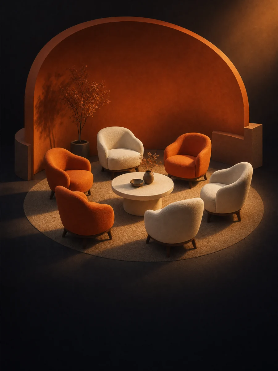 Illustrated chairs and a table arranged in a welcoming gathering space